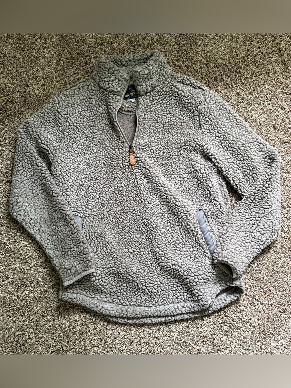 Simply Southern Sherpa-Lined Taupe Pullover with Navy Logo Patch